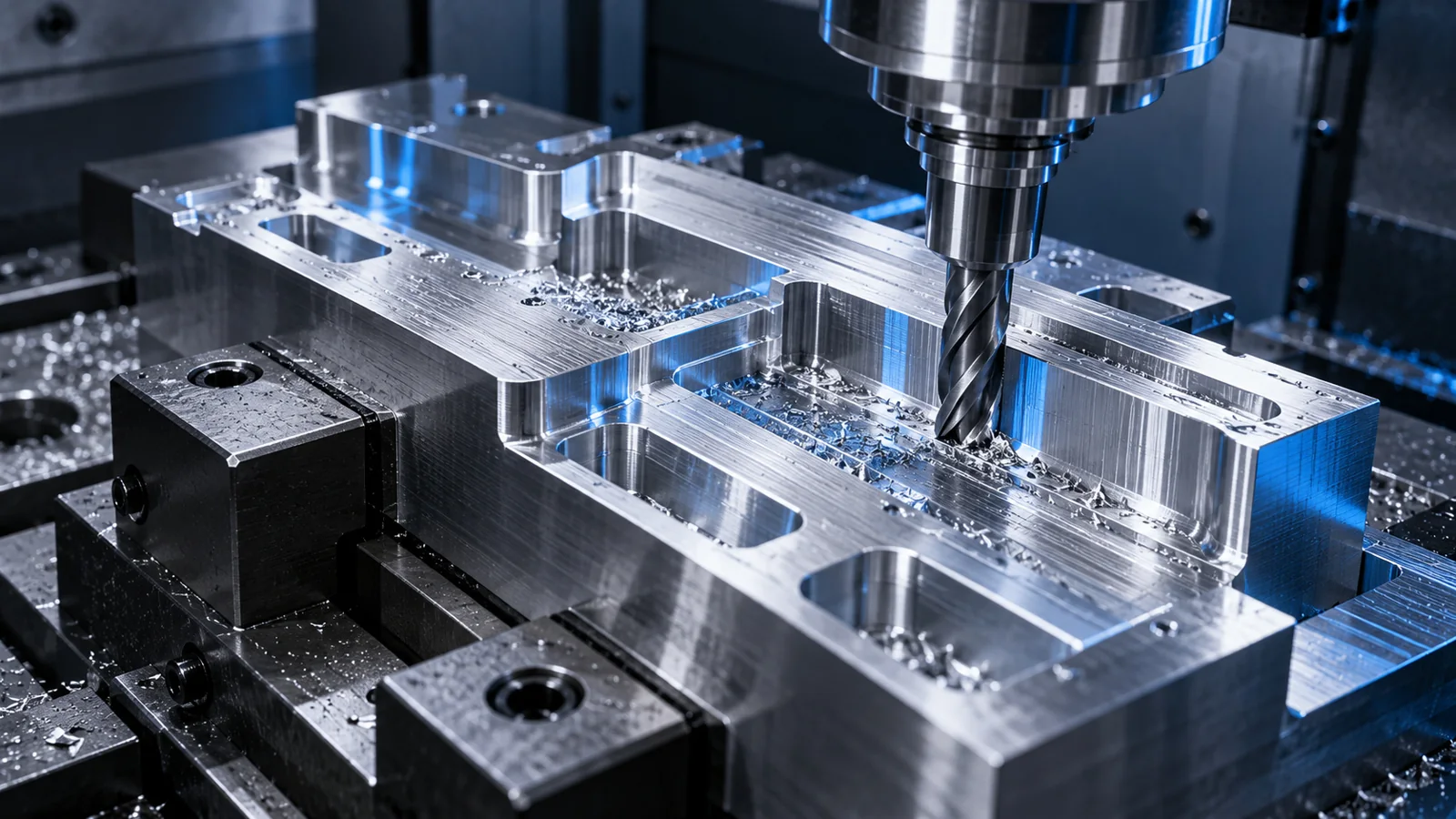 Detalhe de uma máquina CNC usinando uma peça metálica. Imagem ilustrativa.