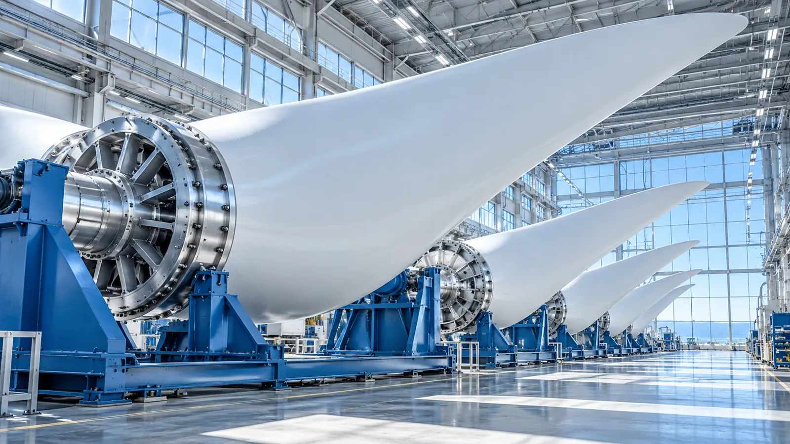 Fabricação de componentes para energia eólica. Imagem ilustrativa.