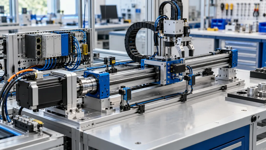 Equipamento de mecatrônica em uma linha industrial. Imagem ilustrativa.
